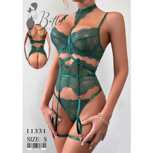 Smaragdzöld színű, csipkés, 6 részes erotikus szett S, M, L