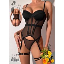 Fekete, tüll anyagú, szaténdíszes erotikus szett - S, M, L