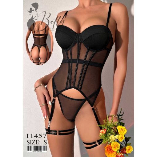 Fekete, tüll anyagú, szaténdíszes erotikus szett - S, M, L