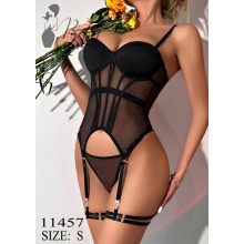 Fekete, tüll anyagú, szaténdíszes erotikus szett - S, M, L