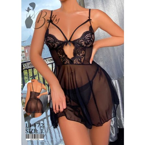Fekete színű, kétrészes, csipkés és tüllös erotikus szett - S, M, L 
