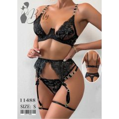   Ékköves, fekete színű, csipkés részes erotikus szett S, M, L