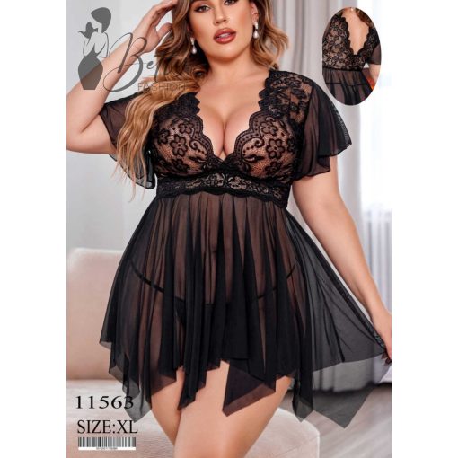 Fekete színű, csipkés és tüllös erotikus szett - XL-3XL