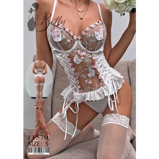 Fehér színű, hímzett virágmintás, fűzős erotikus szett - S, M, L
