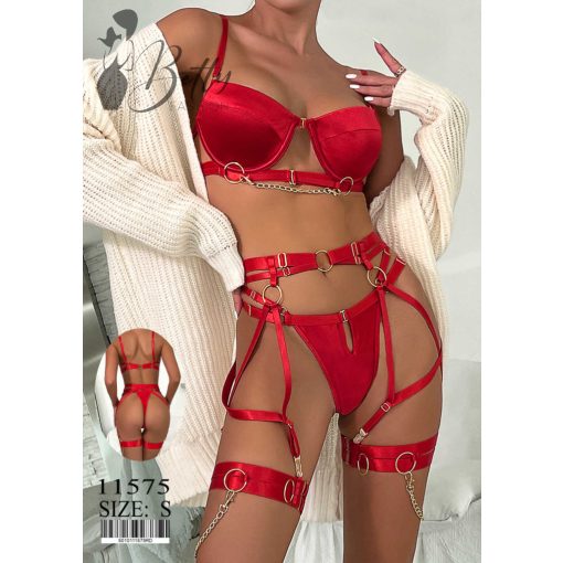 Piros színű, láncos és pántos 5 részes erotikus szett - S, M, L