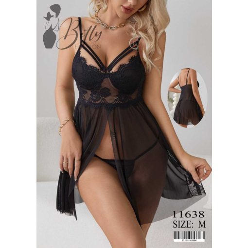 Fekete színű, kétrészes, csipkés és tüllös erotikus szett - S, M