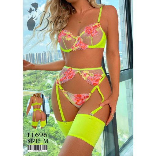 Neon sárga színű, hímzett erotikus szett - S