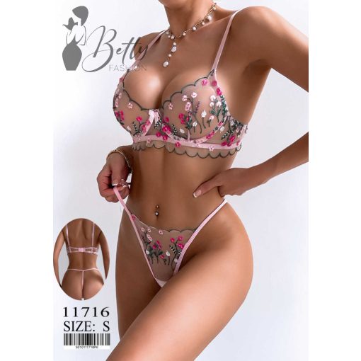 Rózsaszín alapon színes, hímzett virágmintás, erotikus szett S, M, L