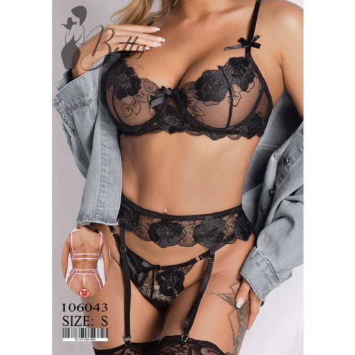 Fekete színű, tüllös és hímzett, erotikus szett S, M