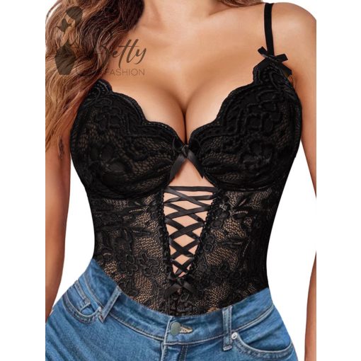 Fekete színű, csipkés erotikus body - S, M, L