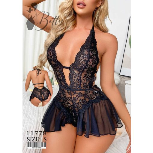 Fekete színű, tüllös és csipkés erotikus body/ruha S, M, L