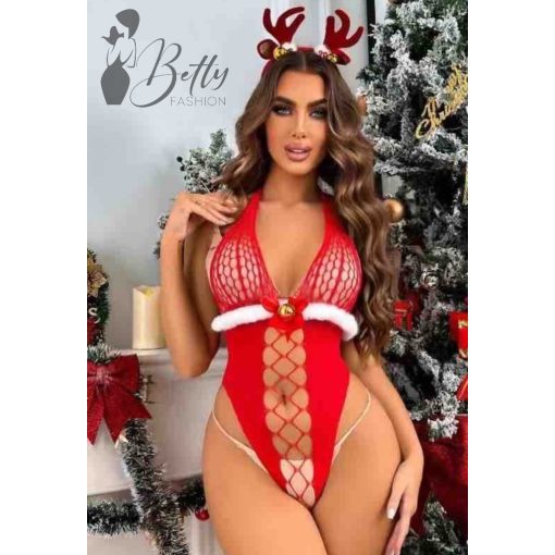 Ünnepi, piros színű, erotikus testharisnya - méret nélküli