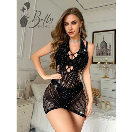 Fekete színű, strasszköves, erotikus ruha/testharisnya