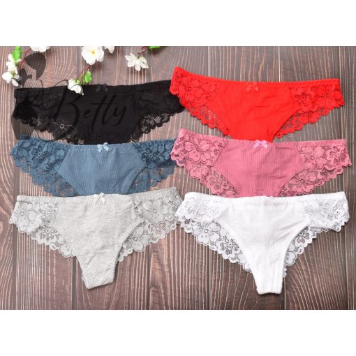 Bordázott anyagú, csipkebetétes brazil bugyi M, L, XL, 2XL
