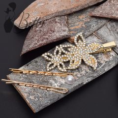   Arany színű, virág, gyöngy és strasszkő díszes hajcsat szett