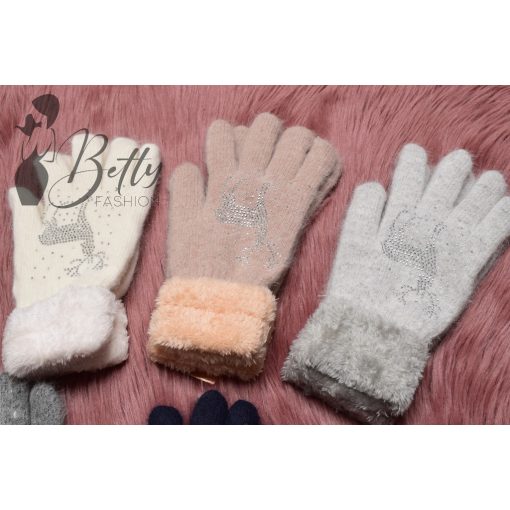 Szőrme bélelt, strasszköves szarvasmintás kesztyű 