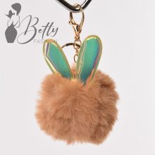 Nyuszifüles, műszőrme, pom-pom kulcstartó/táskadísz