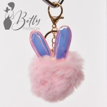 Nyuszifüles, műszőrme, pom-pom kulcstartó/táskadísz