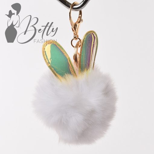 Nyuszifüles, műszőrme, pom-pom kulcstartó/táskadísz