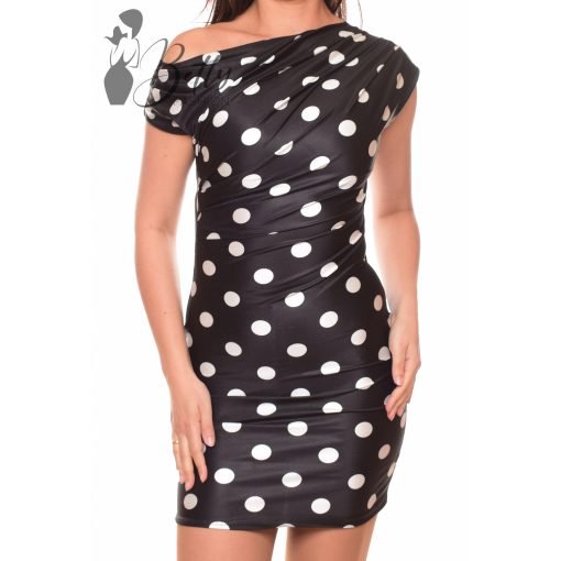 Pöttyös, félvállas kivágású ruha S-M