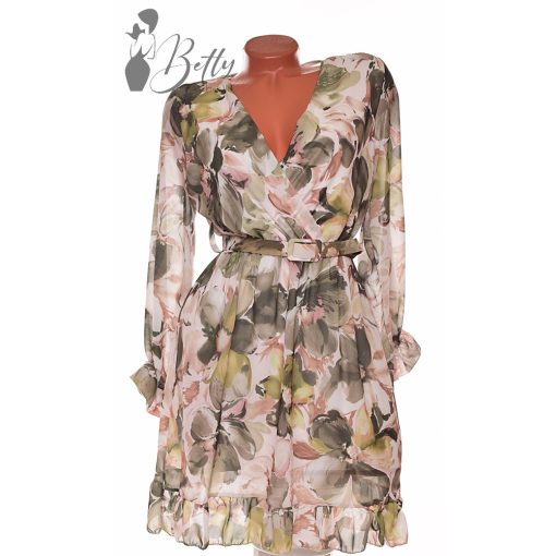 Virágmintás, deréknál öves ruha S/M