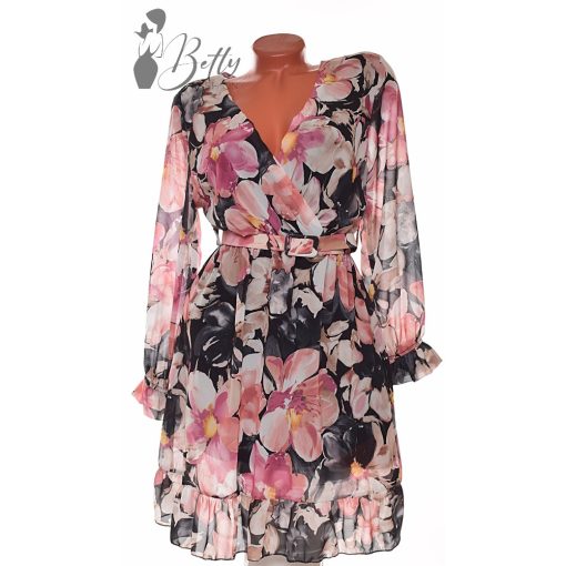 Virágmintás, deréknál öves ruha S/M