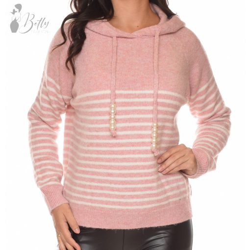 Csíkos, kapucnis kötött pulóver M/L, XL/XXL