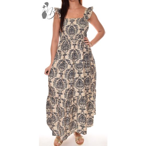 Mellnél és derékban smokkolt, mintás maxi ruha M/L, XL/XXL
