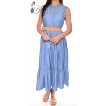 Farmerkék, fonott öves maxiruha S/M, L/XL