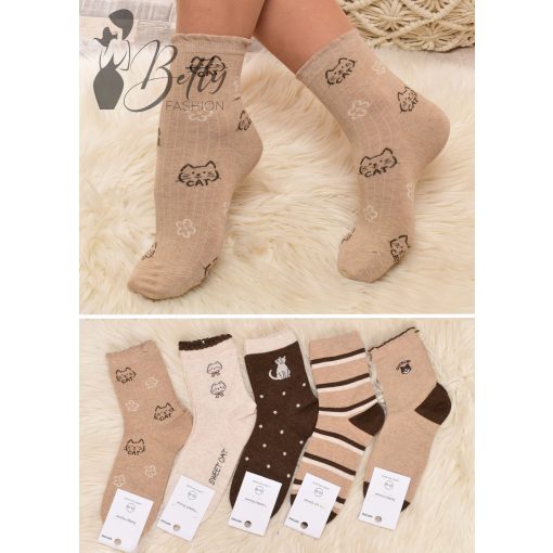 Cica mintás, bézs és barna árnyalatú zokni 5 pár/csomag