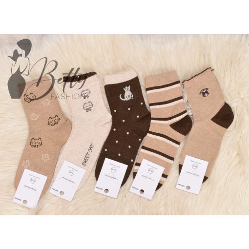 Cica mintás, bézs és barna árnyalatú zokni 5 pár/csomag